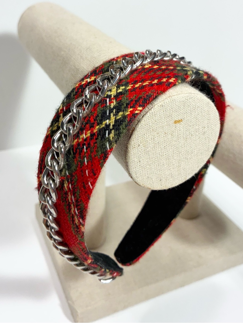 Red Plaid Wide Headband w/ Chunky Silver Chain Detail, Black Velvet Lining - Picture 3 of 7